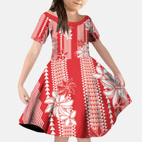 Hawaii Kakau Tribal Kid Short Sleeve Dress With Red Tiare LT05 KID Red - Polynesian Pride