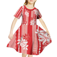 Hawaii Kakau Tribal Kid Short Sleeve Dress With Red Tiare LT05 - Polynesian Pride