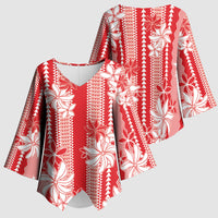 Hawaii Kakau Tribal Kimono Sleeve Blouse With Red Tiare LT05 - Polynesian Pride