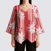 Hawaii Kakau Tribal Kimono Sleeve Blouse With Red Tiare LT05 - Polynesian Pride