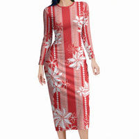 Hawaii Kakau Tribal Long Sleeve Bodycon Dress With Red Tiare LT05 Long Dress Red - Polynesian Pride