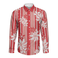Hawaii Kakau Tribal Long Sleeve Button Shirt With Red Tiare LT05 Unisex Red - Polynesian Pride