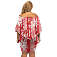 Hawaii Kakau Tribal Off Shoulder Short Dress With Red Tiare LT05 - Polynesian Pride