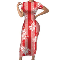 Hawaii Kakau Tribal Short Sleeve Bodycon Dress With Red Tiare LT05 Long Dress Red - Polynesian Pride