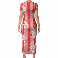 Hawaii Kakau Tribal Short Sleeve Bodycon Dress With Red Tiare LT05 - Polynesian Pride
