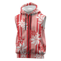Hawaii Kakau Tribal Sleeveless Zip Hoodie With Red Tiare
