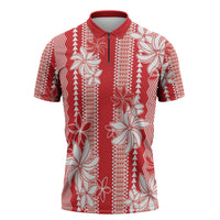 Hawaii Kakau Tribal Zipper Polo Shirt With Red Tiare LT05 Red - Polynesian Pride
