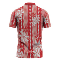 Hawaii Kakau Tribal Zipper Polo Shirt With Red Tiare LT05 - Polynesian Pride