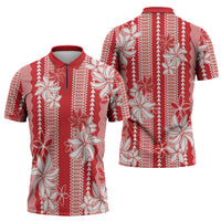 Hawaii Kakau Tribal Zipper Polo Shirt With Red Tiare LT05 - Polynesian Pride