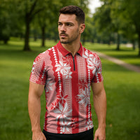 Hawaii Kakau Tribal Zipper Polo Shirt With Red Tiare LT05 - Polynesian Pride