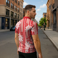 Hawaii Kakau Tribal Zipper Polo Shirt With Red Tiare