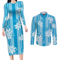 Hawaii Kakau Tribal Couples Matching Long Sleeve Bodycon Dress and Long Sleeve Button Shirt With Blue Tiare LT05 Blue - Polynesian Pride