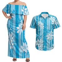 Hawaii Kakau Tribal Couples Matching Off Shoulder Maxi Dress and Hawaiian Shirt With Blue Tiare LT05 Blue - Polynesian Pride