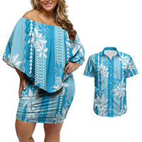 Hawaii Kakau Tribal Couples Matching Off Shoulder Short Dress and Hawaiian Shirt With Blue Tiare LT05 Blue - Polynesian Pride