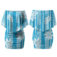 Hawaii Kakau Tribal Couples Matching Off Shoulder Short Dress and Hawaiian Shirt With Blue Tiare LT05 - Polynesian Pride