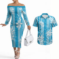 Hawaii Kakau Tribal Couples Matching Off The Shoulder Long Sleeve Dress and Hawaiian Shirt With Blue Tiare LT05 Blue - Polynesian Pride