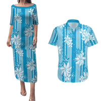 Hawaii Kakau Tribal Couples Matching Puletasi and Hawaiian Shirt With Blue Tiare LT05 Blue - Polynesian Pride