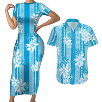 Hawaii Kakau Tribal Couples Matching Short Sleeve Bodycon Dress and Hawaiian Shirt With Blue Tiare