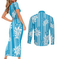 Hawaii Kakau Tribal Couples Matching Short Sleeve Bodycon Dress and Long Sleeve Button Shirt With Blue Tiare LT05 - Polynesian Pride