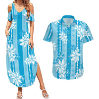 Hawaii Kakau Tribal Couples Matching Summer Maxi Dress and Hawaiian Shirt With Blue Tiare LT05 Blue - Polynesian Pride