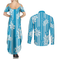 Hawaii Kakau Tribal Couples Matching Summer Maxi Dress and Long Sleeve Button Shirt With Blue Tiare