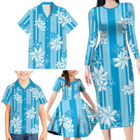 Hawaii Kakau Tribal Family Matching Long Sleeve Bodycon Dress and Hawaiian Shirt With Blue Tiare