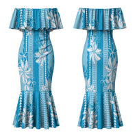 Hawaii Kakau Tribal Family Matching Mermaid Dress and Hawaiian Shirt With Blue Tiare LT05 Mom's Dress Blue - Polynesian Pride