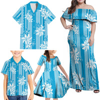 Hawaii Kakau Tribal Family Matching Off Shoulder Maxi Dress and Hawaiian Shirt With Blue Tiare