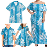 Hawaii Kakau Tribal Family Matching Off Shoulder Maxi Dress and Hawaiian Shirt With Blue Tiare LT05 - Polynesian Pride