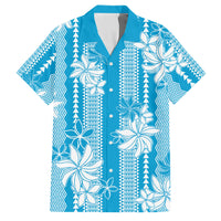Hawaii Kakau Tribal Family Matching Off Shoulder Maxi Dress and Hawaiian Shirt With Blue Tiare LT05 Dad's Shirt - Short Sleeve Blue - Polynesian Pride