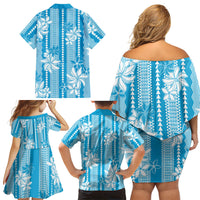 Hawaii Kakau Tribal Family Matching Off Shoulder Short Dress and Hawaiian Shirt With Blue Tiare LT05 Mom's Dress Blue - Polynesian Pride