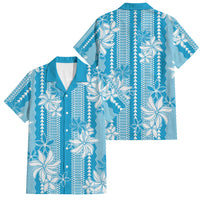 Hawaii Kakau Tribal Family Matching Off Shoulder Short Dress and Hawaiian Shirt With Blue Tiare LT05 Dad's Shirt - Short Sleeve Blue - Polynesian Pride