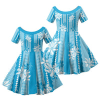 Hawaii Kakau Tribal Family Matching Summer Maxi Dress and Hawaiian Shirt With Blue Tiare LT05 Daughter's Dress Blue - Polynesian Pride