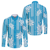 Hawaii Kakau Tribal Family Matching Tank Maxi Dress and Hawaiian Shirt With Blue Tiare LT05 Dad's Shirt - Long Sleeve Blue - Polynesian Pride