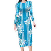 Hawaii Kakau Tribal Long Sleeve Bodycon Dress With Blue Tiare LT05 Long Dress Blue - Polynesian Pride
