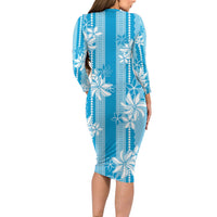 Hawaii Kakau Tribal Long Sleeve Bodycon Dress With Blue Tiare LT05 - Polynesian Pride
