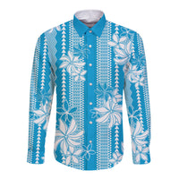 Hawaii Kakau Tribal Long Sleeve Button Shirt With Blue Tiare LT05 Unisex Blue - Polynesian Pride
