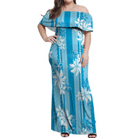 Hawaii Kakau Tribal Off Shoulder Maxi Dress With Blue Tiare LT05 Women Blue - Polynesian Pride