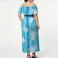 Hawaii Kakau Tribal Off Shoulder Maxi Dress With Blue Tiare LT05 - Polynesian Pride
