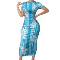 Hawaii Kakau Tribal Short Sleeve Bodycon Dress With Blue Tiare LT05 Long Dress Blue - Polynesian Pride