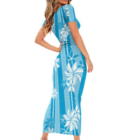 Hawaii Kakau Tribal Short Sleeve Bodycon Dress With Blue Tiare