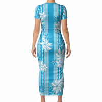 Hawaii Kakau Tribal Short Sleeve Bodycon Dress With Blue Tiare LT05 - Polynesian Pride