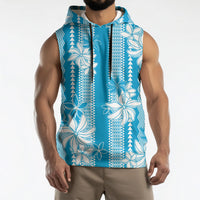 Hawaii Kakau Tribal Sleeveless Hoodie With Blue Tiare