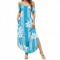 Hawaii Kakau Tribal Summer Maxi Dress With Blue Tiare LT05 Women Blue - Polynesian Pride