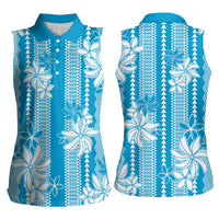 Hawaii Kakau Tribal Women Sleeveless Polo Shirt With Blue Tiare LT05 - Polynesian Pride