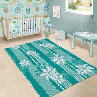 Hawaii Kakau Tribal Area Rug With Teal Tiare