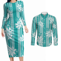 Hawaii Kakau Tribal Couples Matching Long Sleeve Bodycon Dress and Long Sleeve Button Shirt With Teal Tiare LT05 Teal - Polynesian Pride