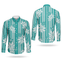Hawaii Kakau Tribal Couples Matching Long Sleeve Bodycon Dress and Long Sleeve Button Shirt With Teal Tiare LT05 - Polynesian Pride