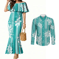 Hawaii Kakau Tribal Couples Matching Mermaid Dress and Long Sleeve Button Shirt With Teal Tiare LT05 Teal - Polynesian Pride