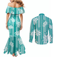 Hawaii Kakau Tribal Couples Matching Mermaid Dress and Long Sleeve Button Shirt With Teal Tiare LT05 - Polynesian Pride
